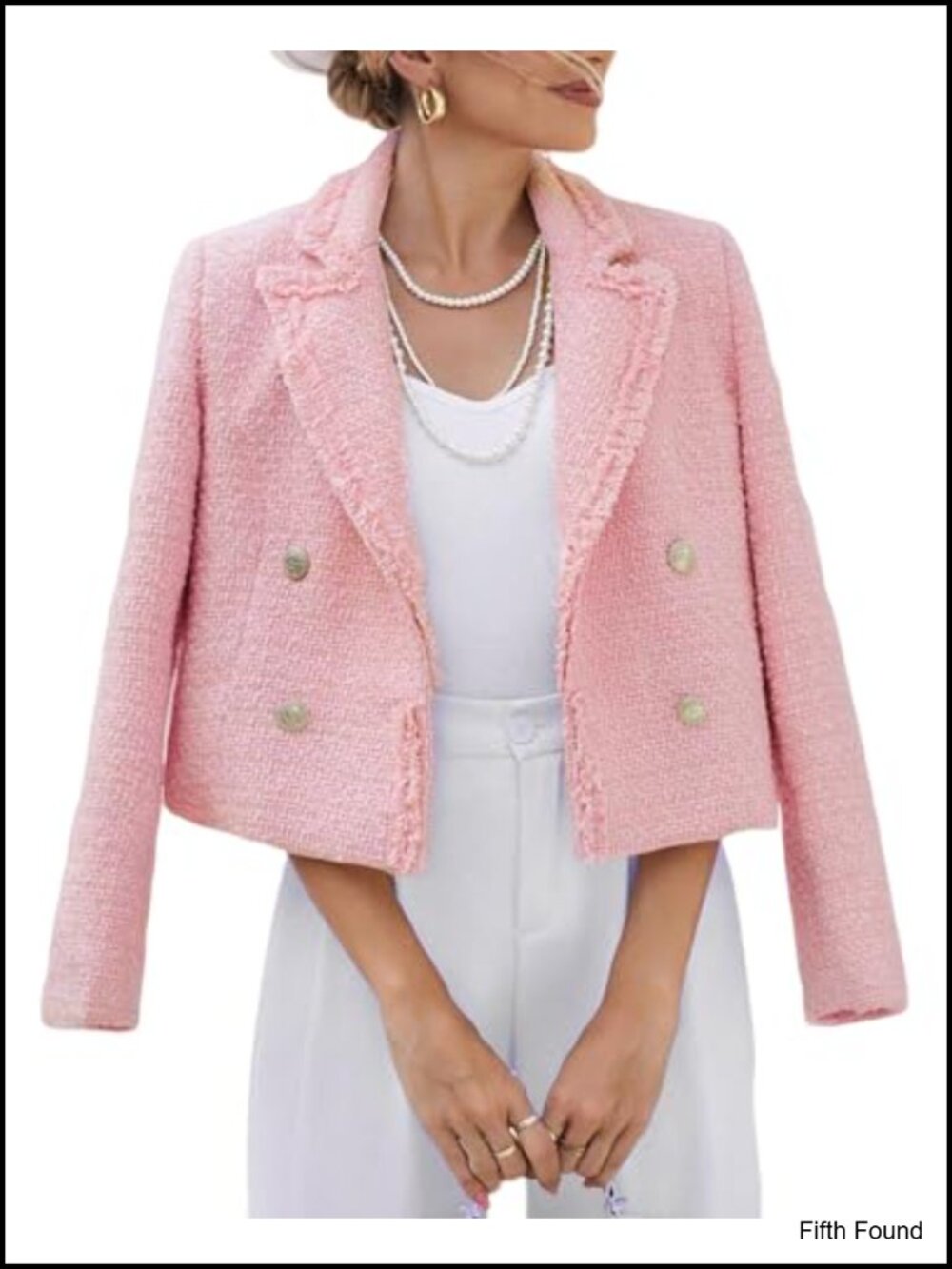 Women's Tweed Blazer Jacket Cropped Fringe Double Breasted Fully Lined